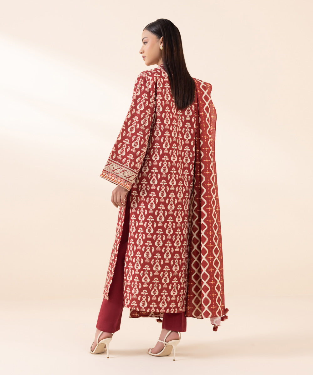 Women's Unstitched Light Khaddar Red Embroidered 3 Piece Suit 