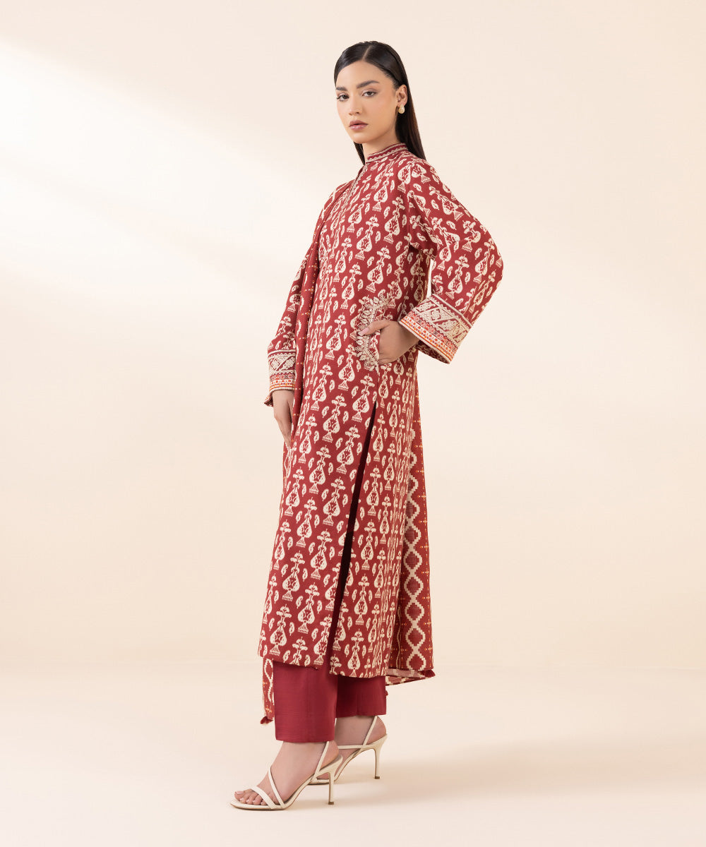 Women's Unstitched Light Khaddar Red Embroidered 3 Piece Suit 