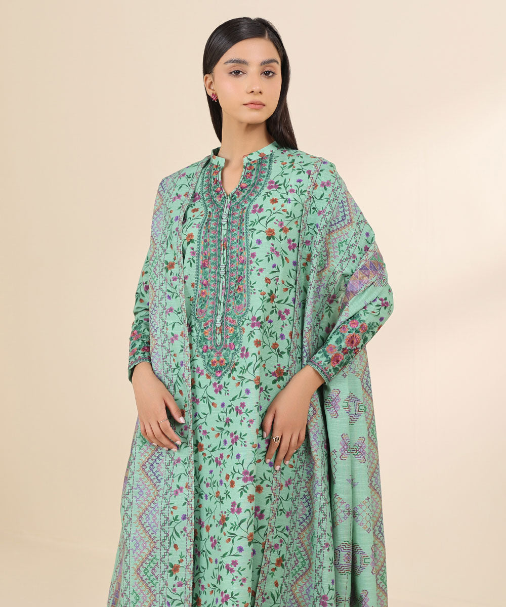 Women's Unstitched Light Khaddar Blue Embroidered 3 Piece Suit 