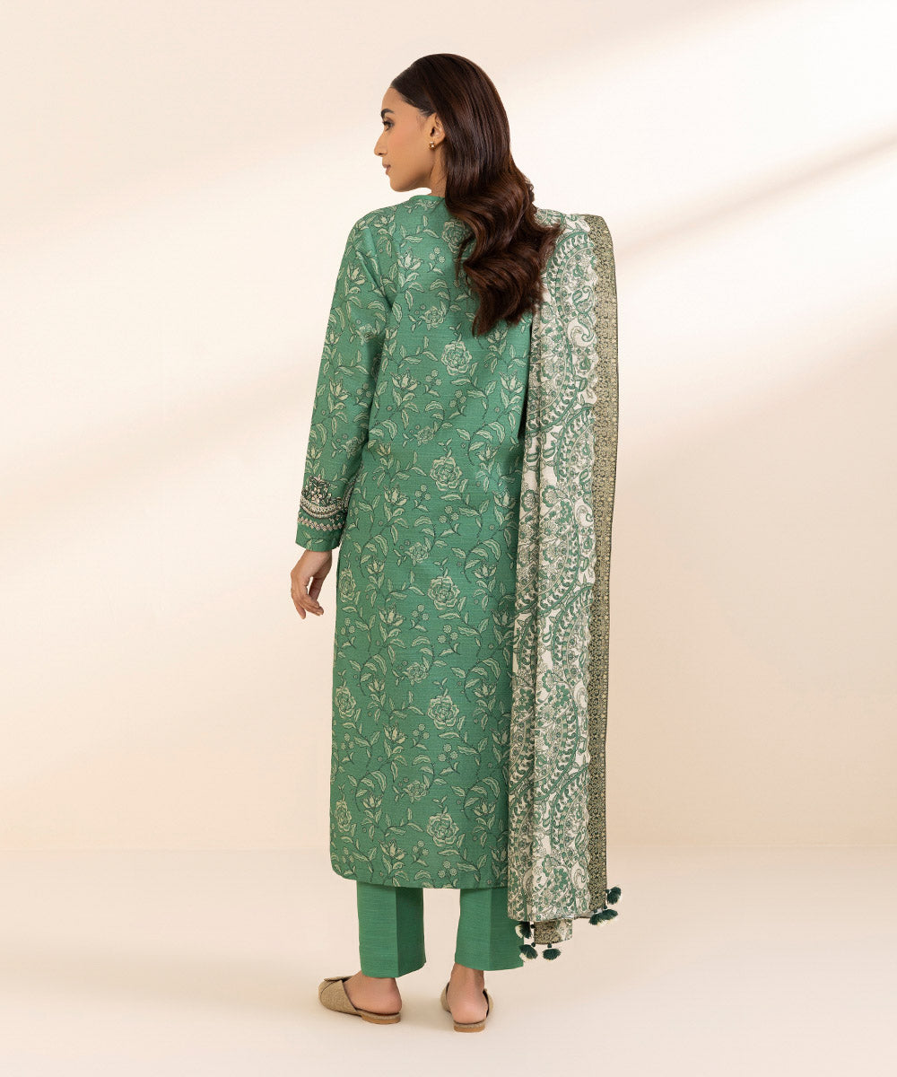 Women's Unstitched Khaddar Embroidered Green 3 Piece Suit