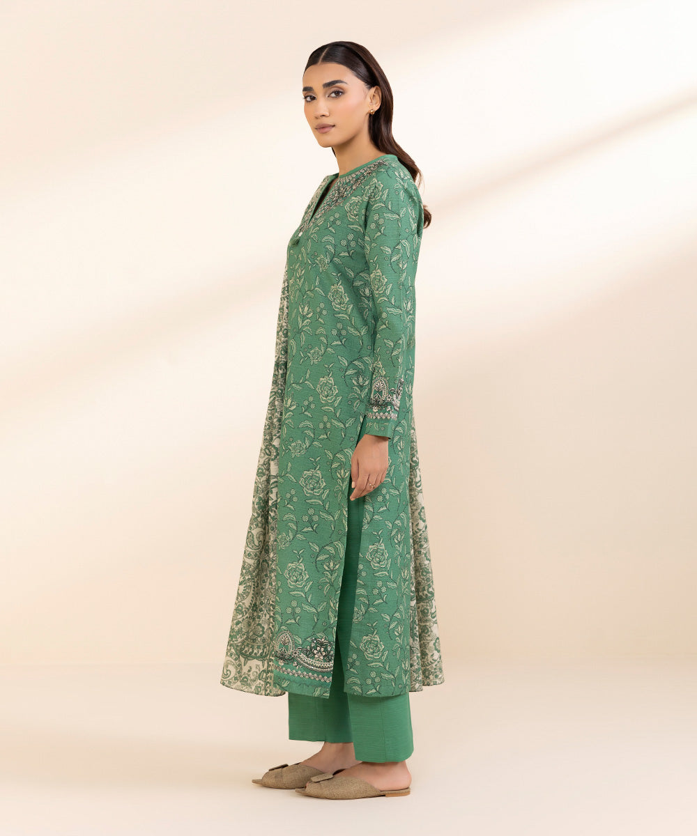 Women's Unstitched Khaddar Embroidered Green 3 Piece Suit