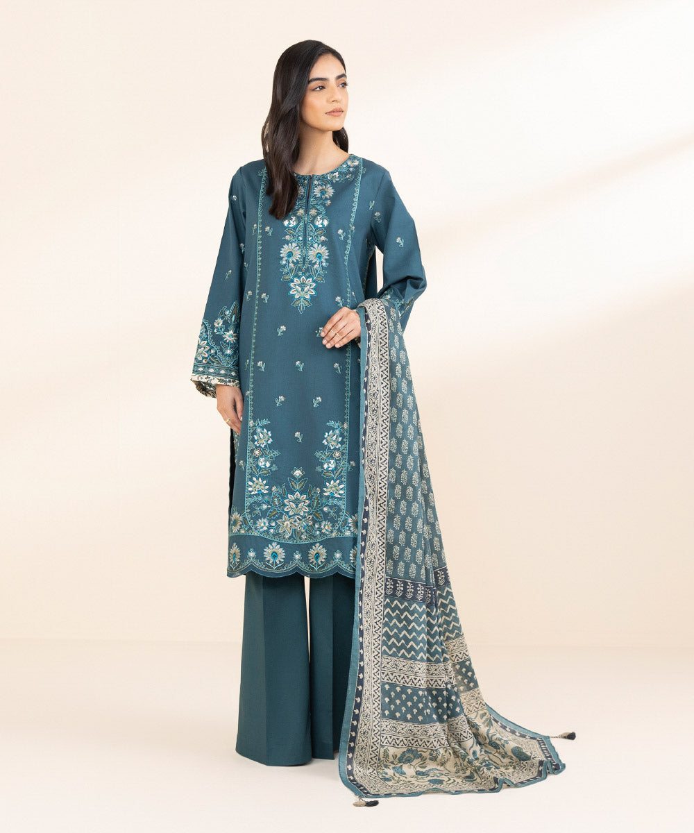 Women's Unstitched Lawn Embroidered Blue 3 Piece Suit