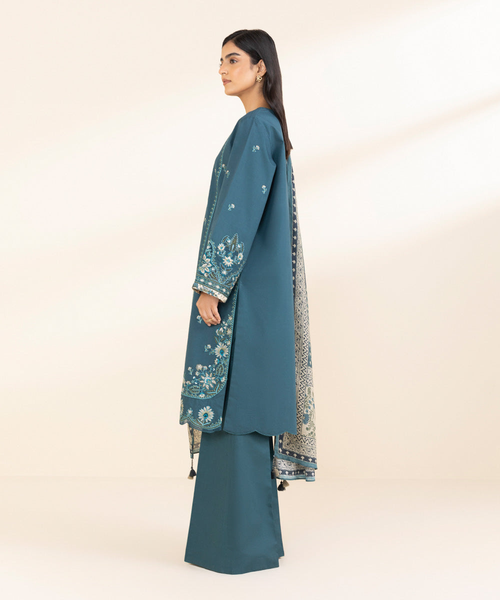 Women's Unstitched Lawn Embroidered Blue 3 Piece Suit