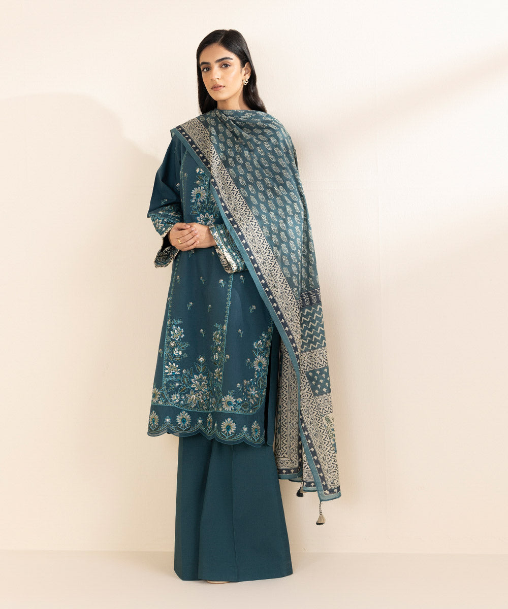 Women's Unstitched Lawn Embroidered Blue 3 Piece Suit