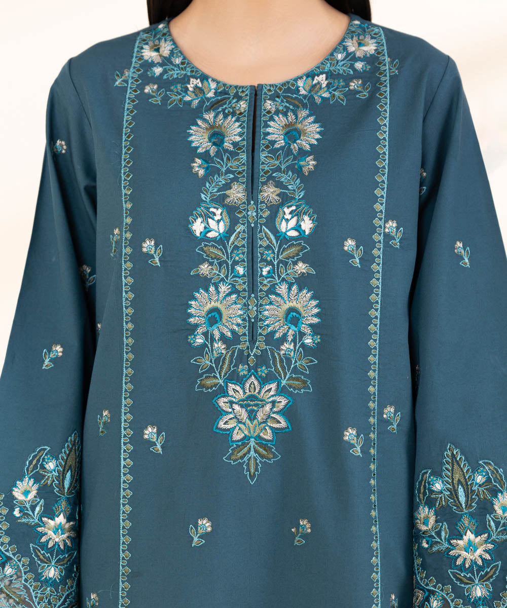 Women's Unstitched Lawn Embroidered Blue 3 Piece Suit