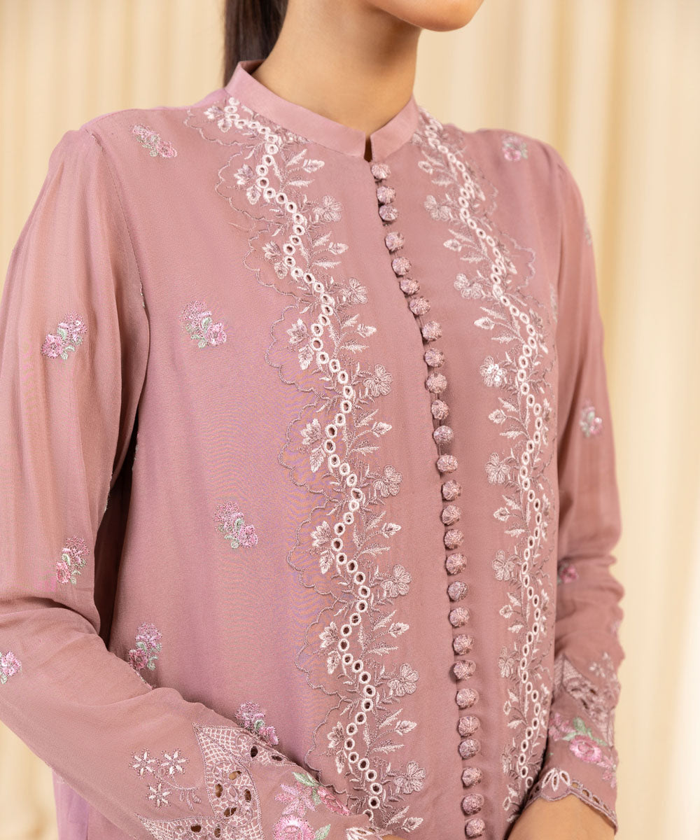 Women's Unstitched Embroidered Georgette Chiffon Pink 3 Piece Suit