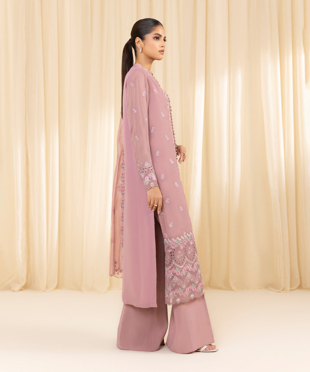 Women's Unstitched Embroidered Georgette Chiffon Pink 3 Piece Suit