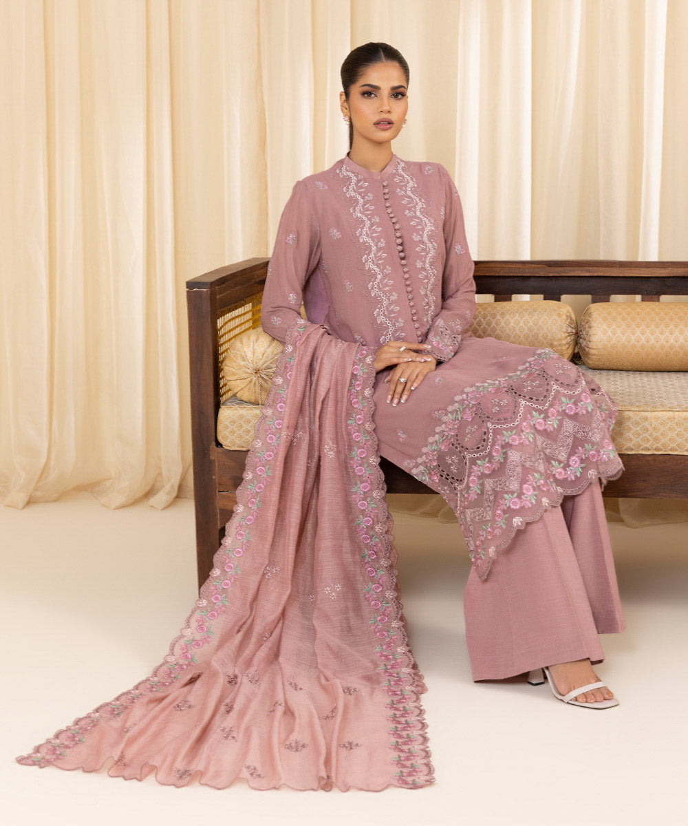 Women's Unstitched Embroidered Georgette Chiffon Pink 3 Piece Suit