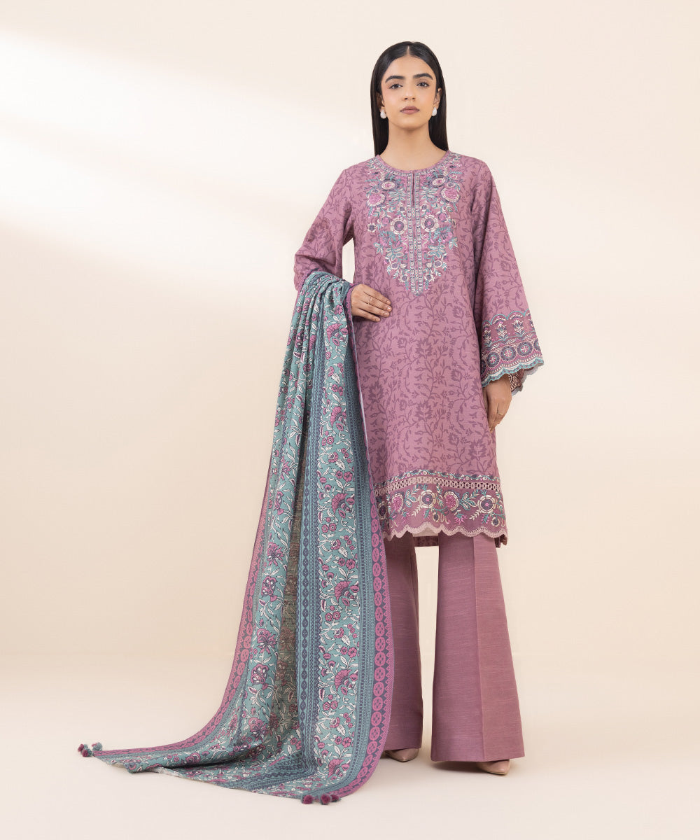 Women's Unstitched Khaddar Embroidered Purple 3 Piece Suit