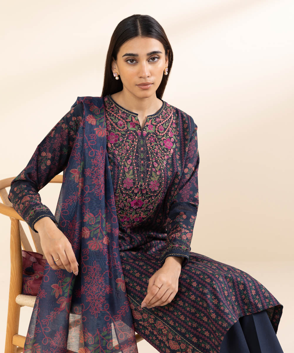 Unstitched Women's Embroidered Lawn Blue Three Piece Suit 