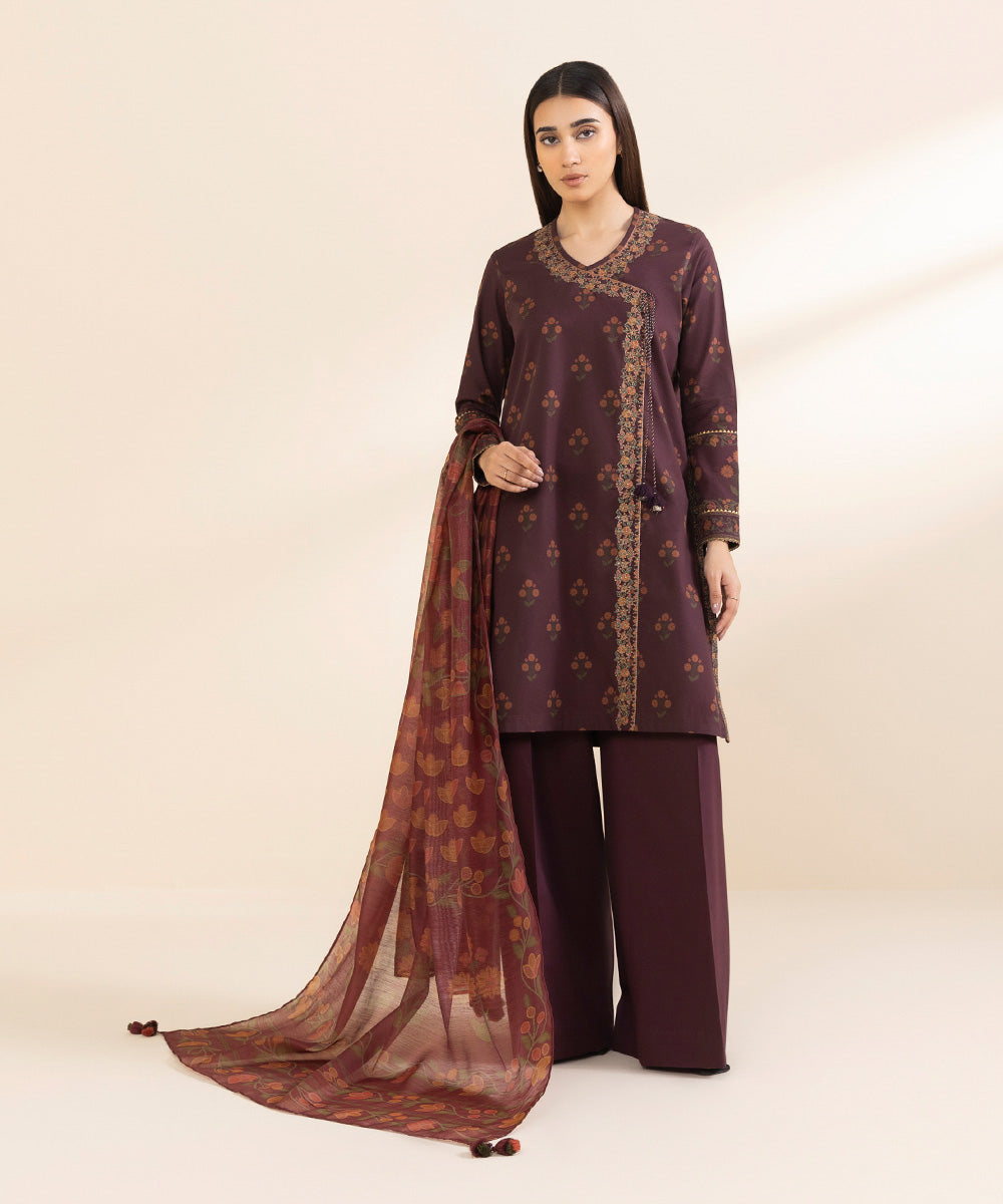 Unstitched Women's Red Lawn Embroidered 3 Piece Suit 