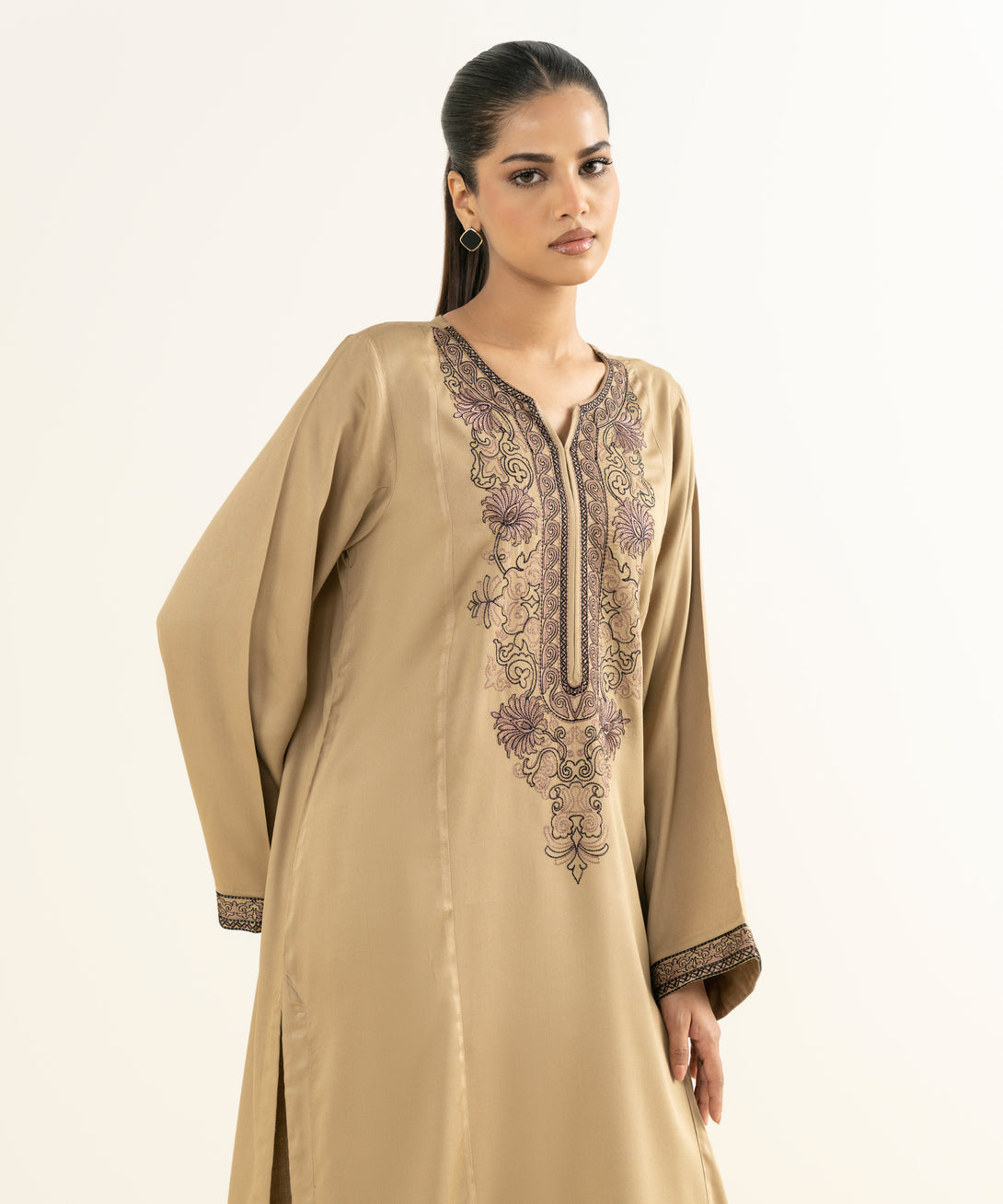 Women's RTW Linen Viscose Embroidered Beige Straight Shirt