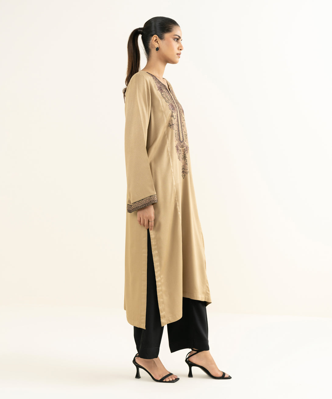 Women's RTW Linen Viscose Embroidered Beige Straight Shirt