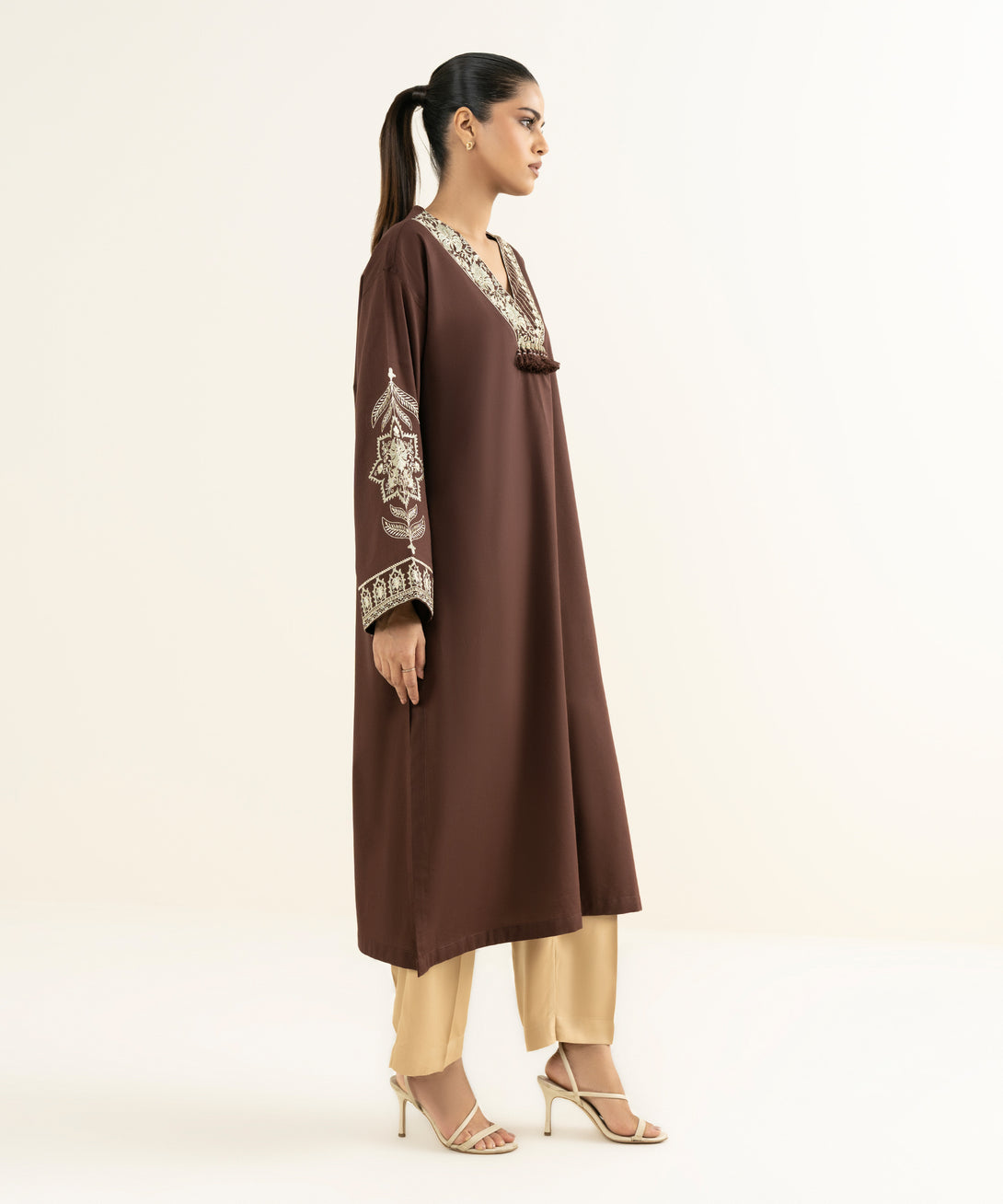 Women's RTW Linen Viscose Embroidered Brown Drop Shoulder Shirt