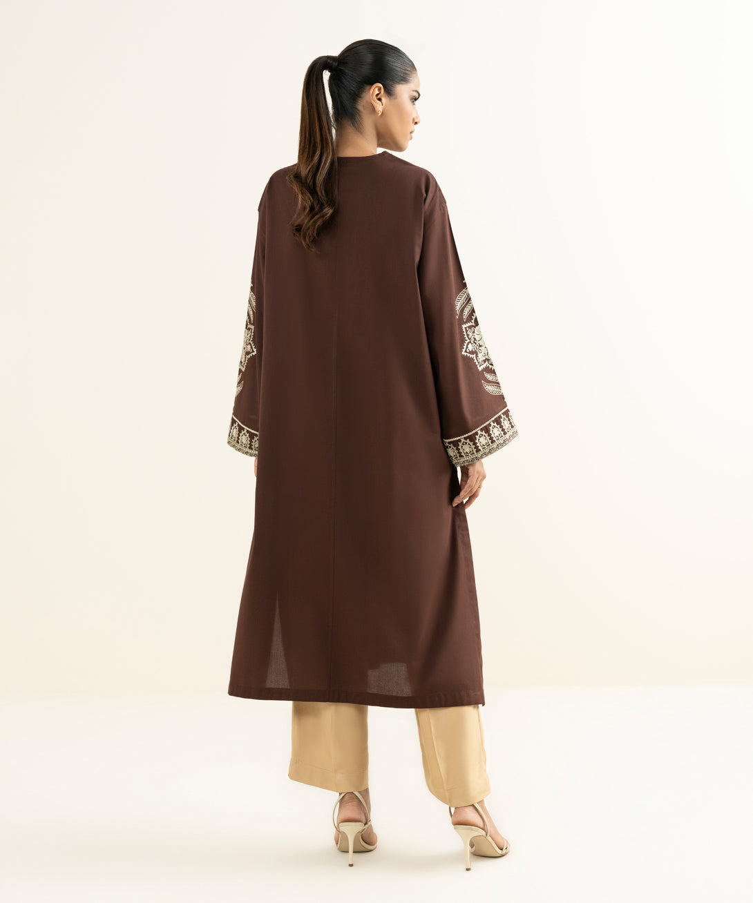 Women's RTW Linen Viscose Embroidered Brown Drop Shoulder Shirt
