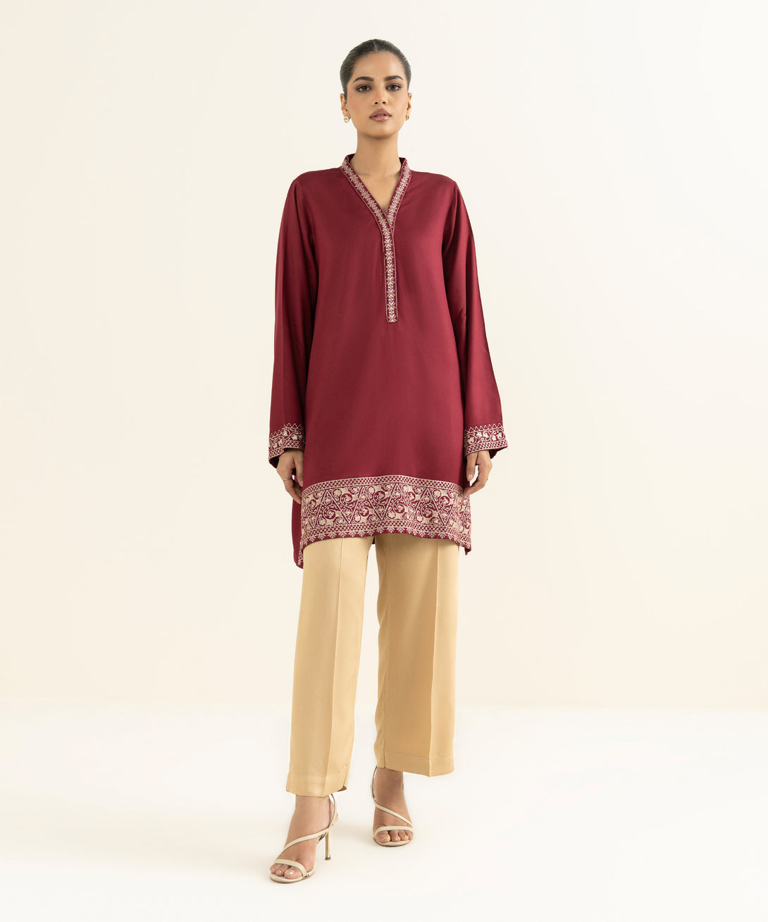 Women's RTW Linen Viscose Embroidered Maroon Straight Shirt