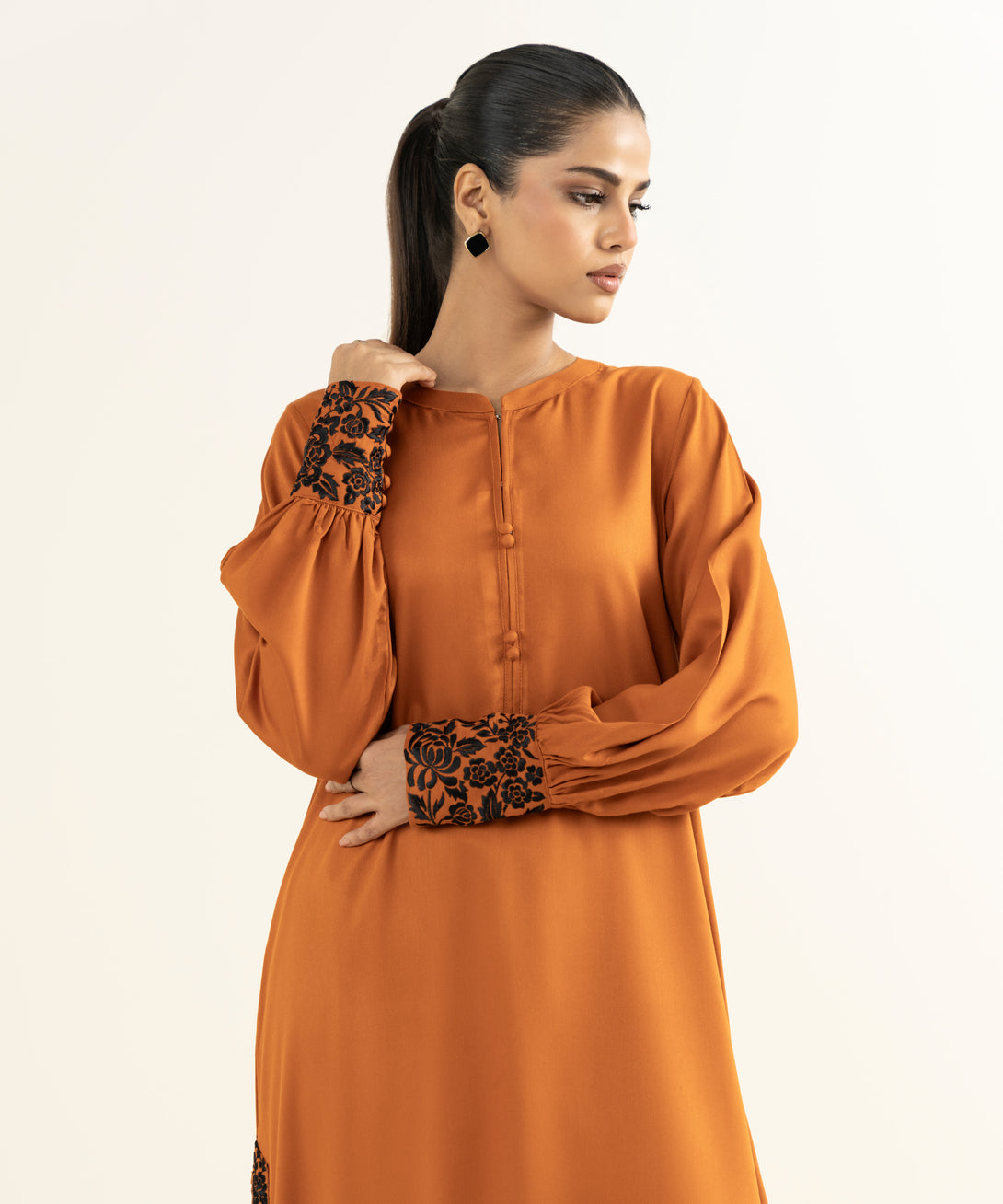 Women's RTW Linen Viscose Embroidered Orange Straight Shirt