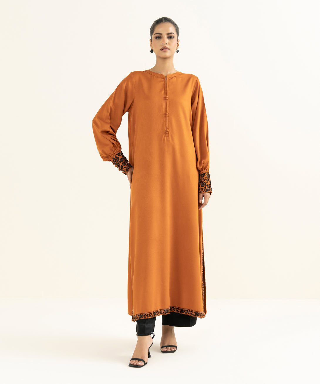 Women's RTW Linen Viscose Embroidered Orange Straight Shirt
