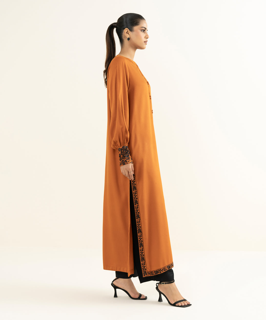 Women's RTW Linen Viscose Embroidered Orange Straight Shirt