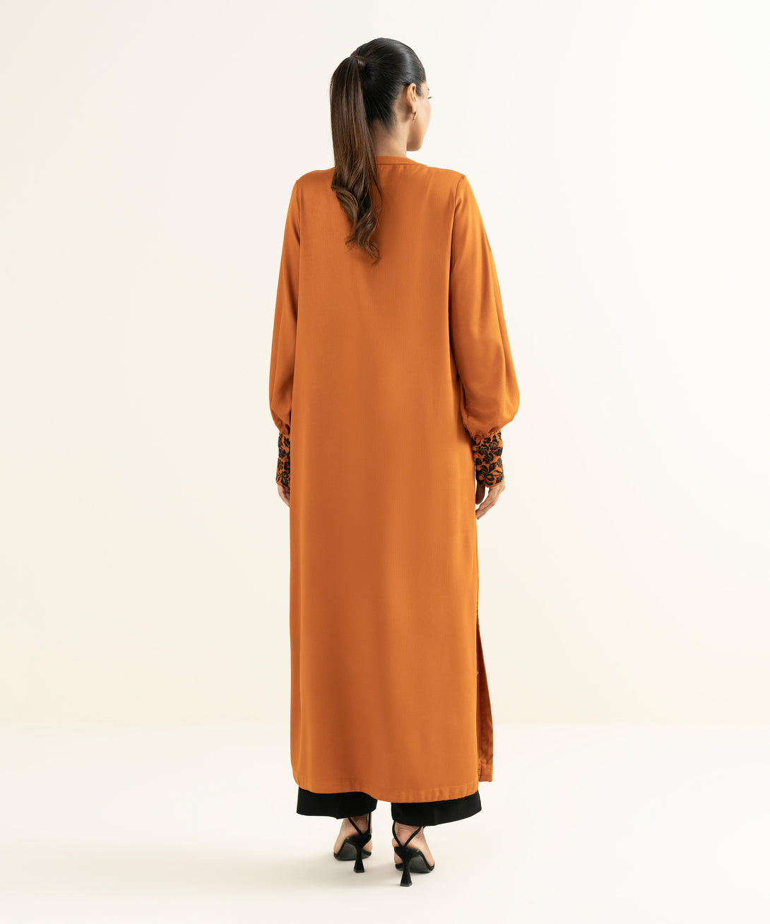Women's RTW Linen Viscose Embroidered Orange Straight Shirt