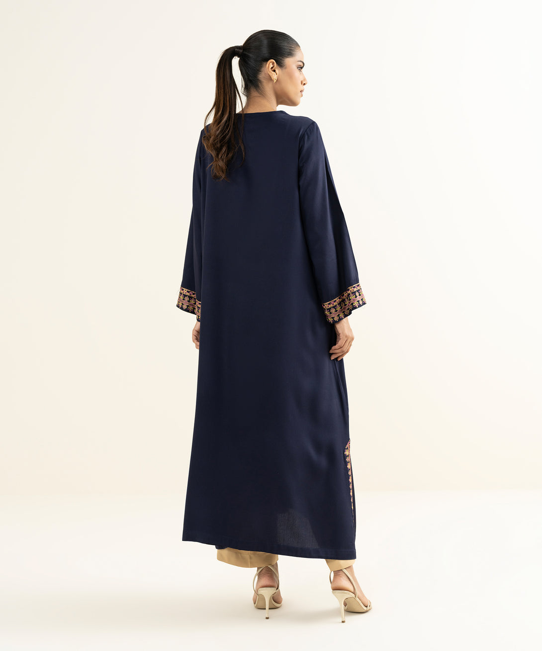 Women's RTW Linen Viscose Embroidered Blue Straight Shirt