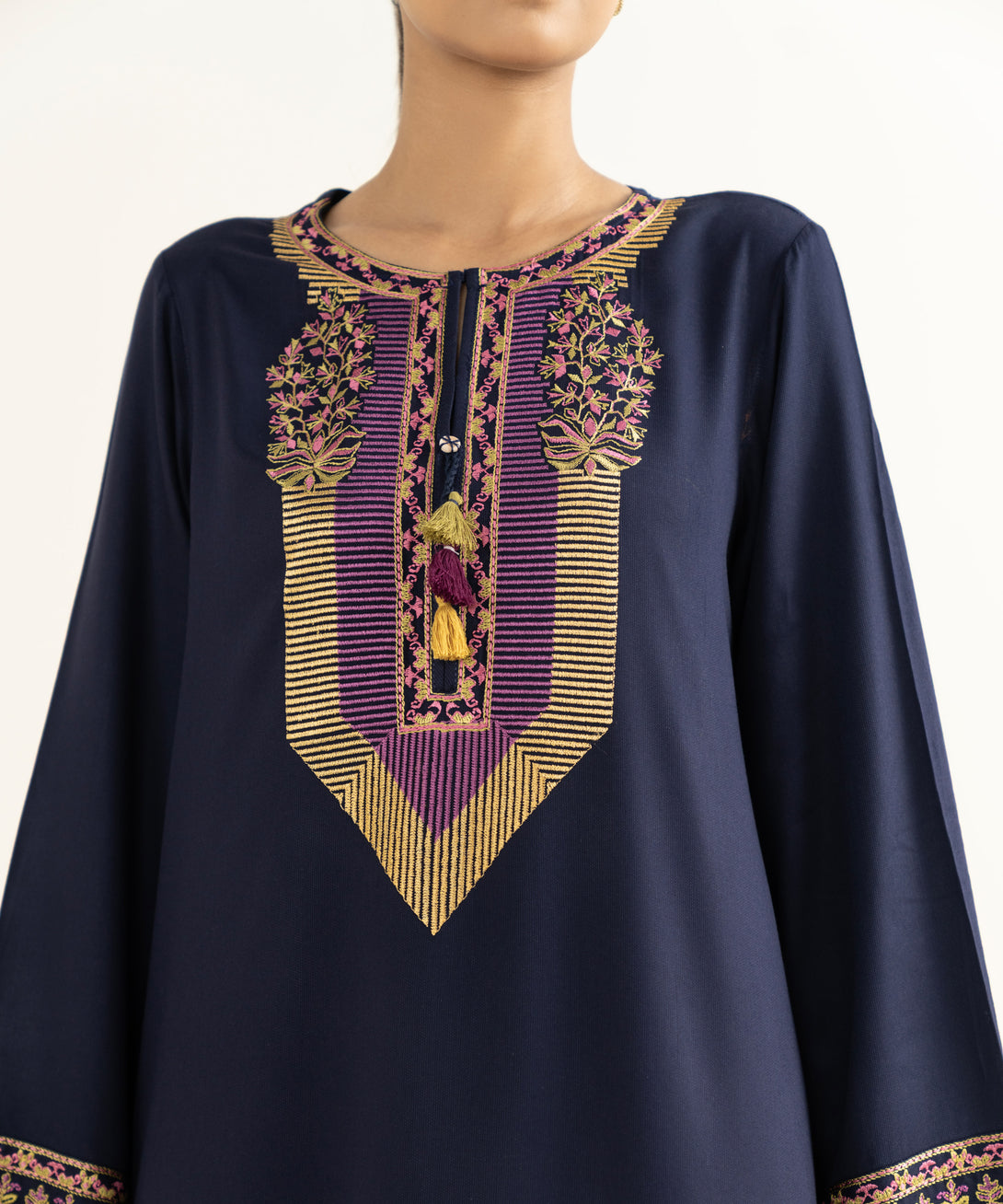 Women's RTW Linen Viscose Embroidered Blue Straight Shirt