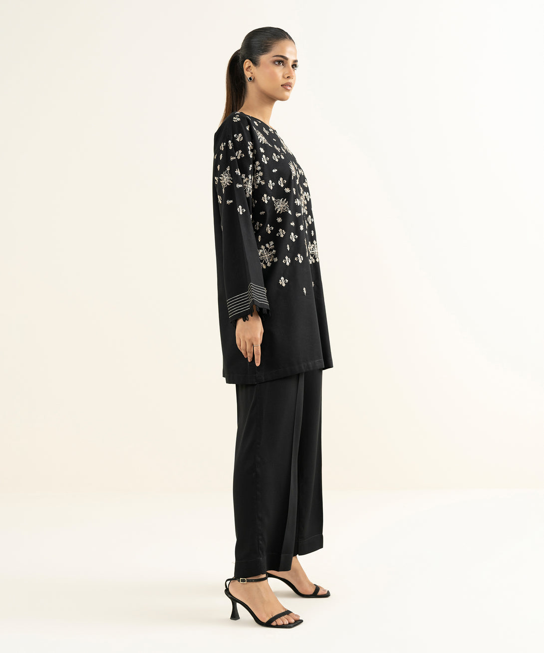 Women's RTW Linen Viscose Embroidered Black Boxy Shirt
