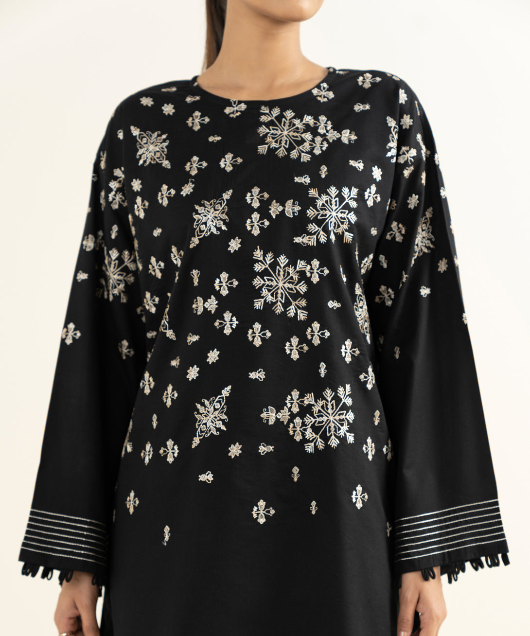 Women's RTW Linen Viscose Embroidered Black Boxy Shirt