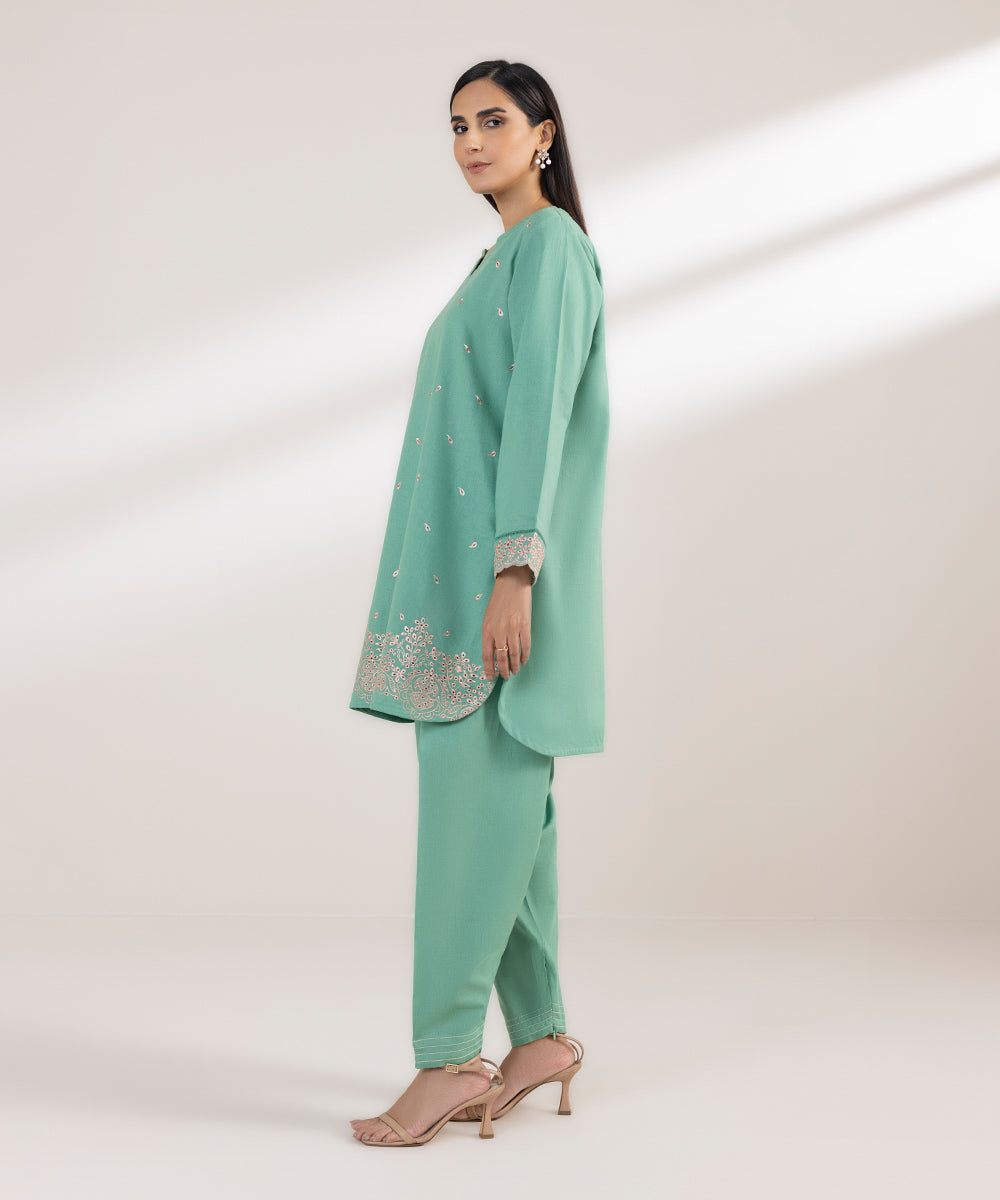 Women's Pret Cotton Linen Embroidered Green Straight Shirt