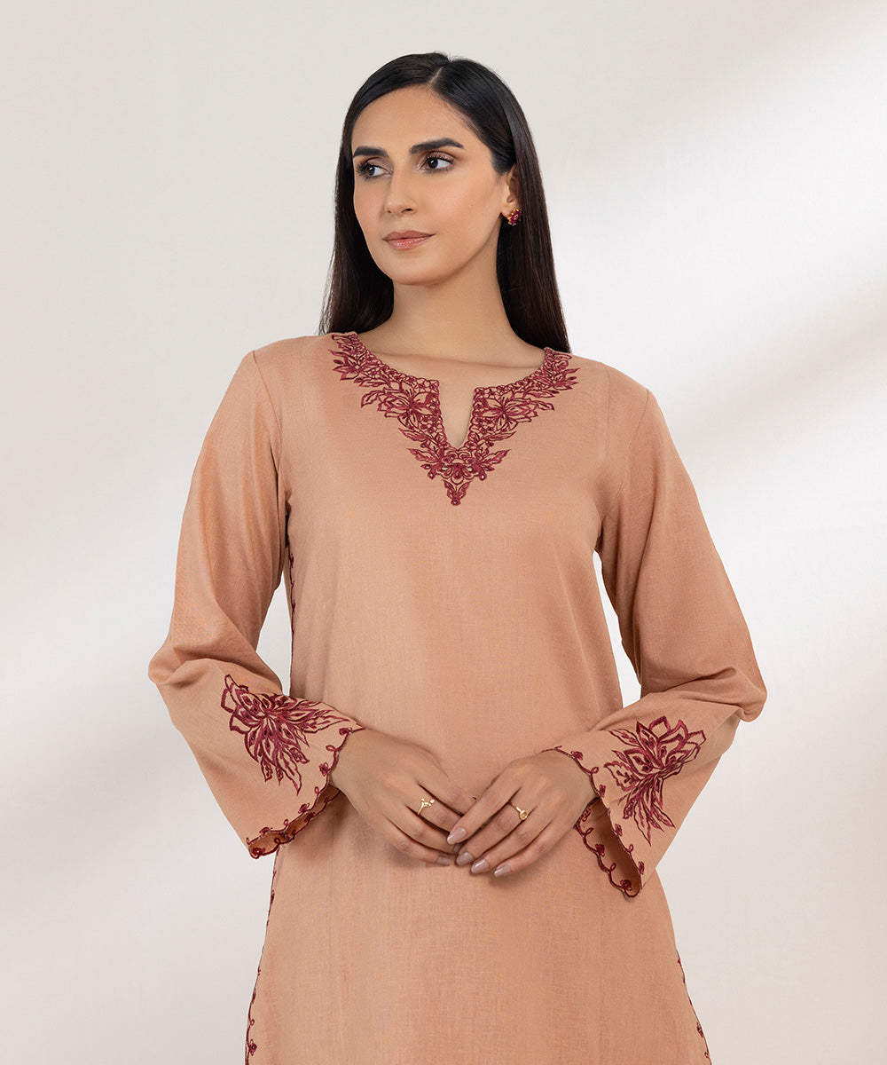 Women's Pret Cotton Linen Embroidered Brown A-Line Shirt