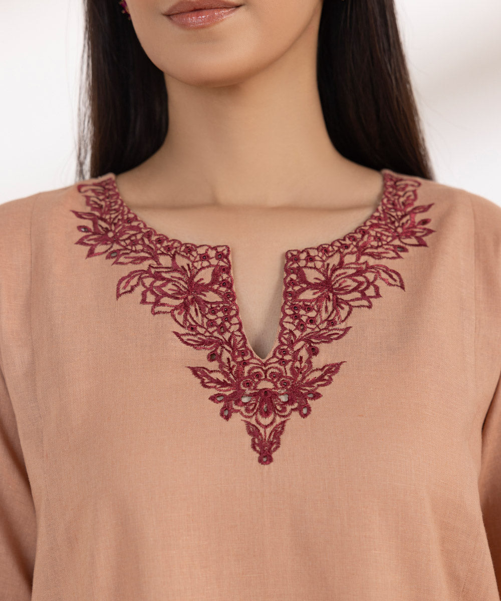 Women's Pret Cotton Linen Embroidered Brown A-Line Shirt