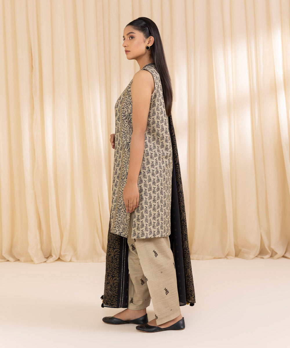 Women's Unstitched Printed Beige Khaddar Three Piece Suit