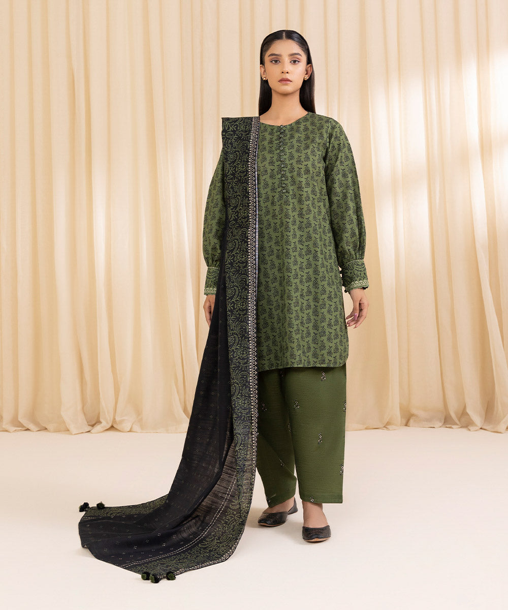 Women's Unstitched Printed Army Green Khaddar Three Piece Suit