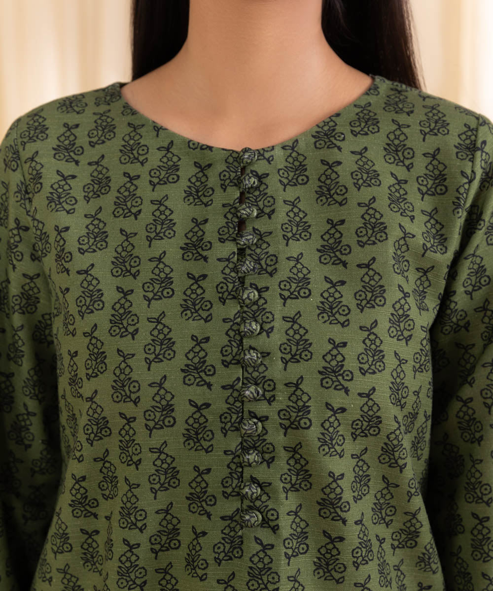 Women's Unstitched Printed Army Green Khaddar Three Piece Suit