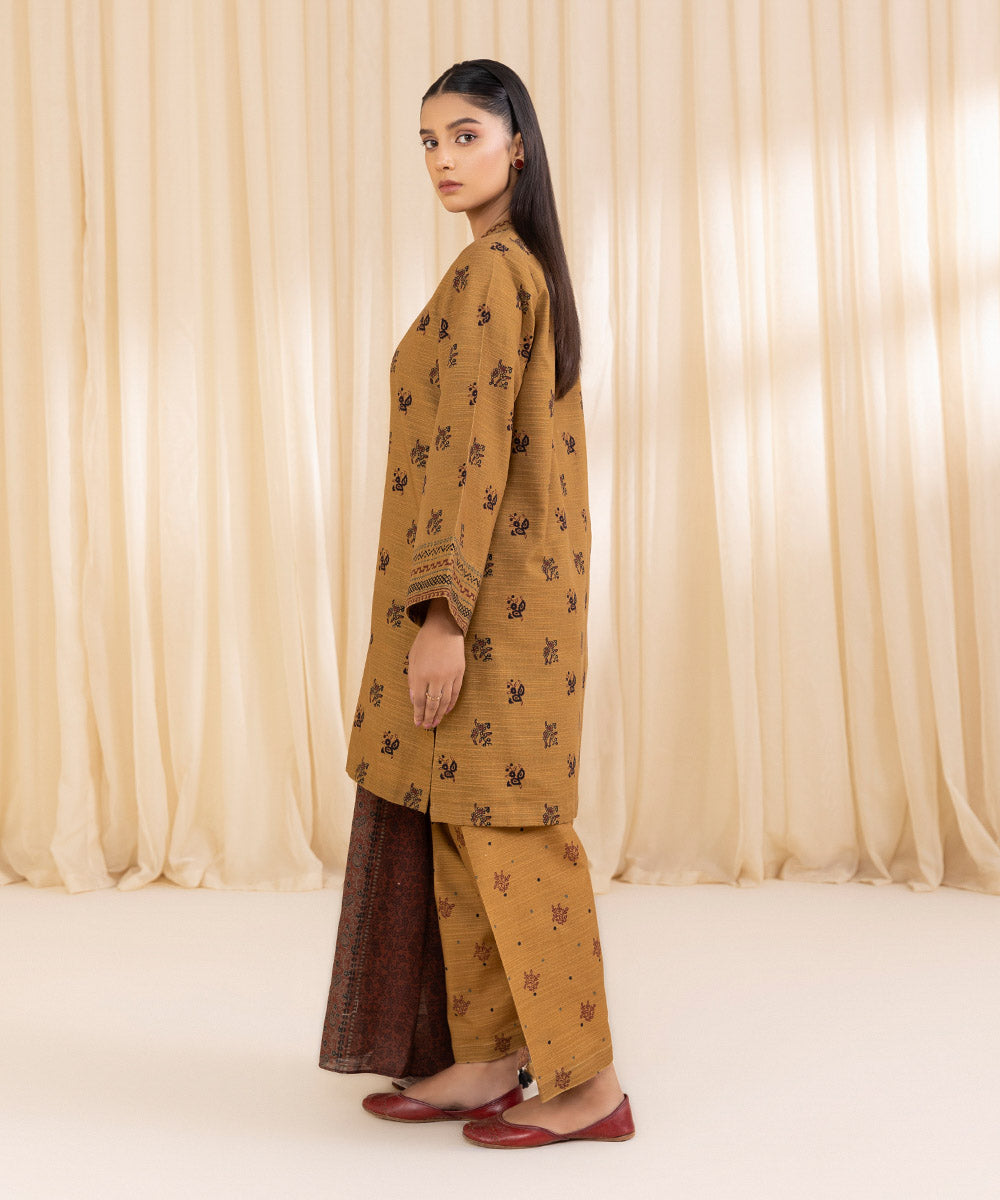 Women's Unstitched Printed Mustard Khaddar Three Piece Suit