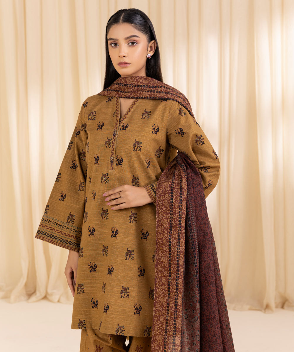 Women's Unstitched Printed Mustard Khaddar Three Piece Suit