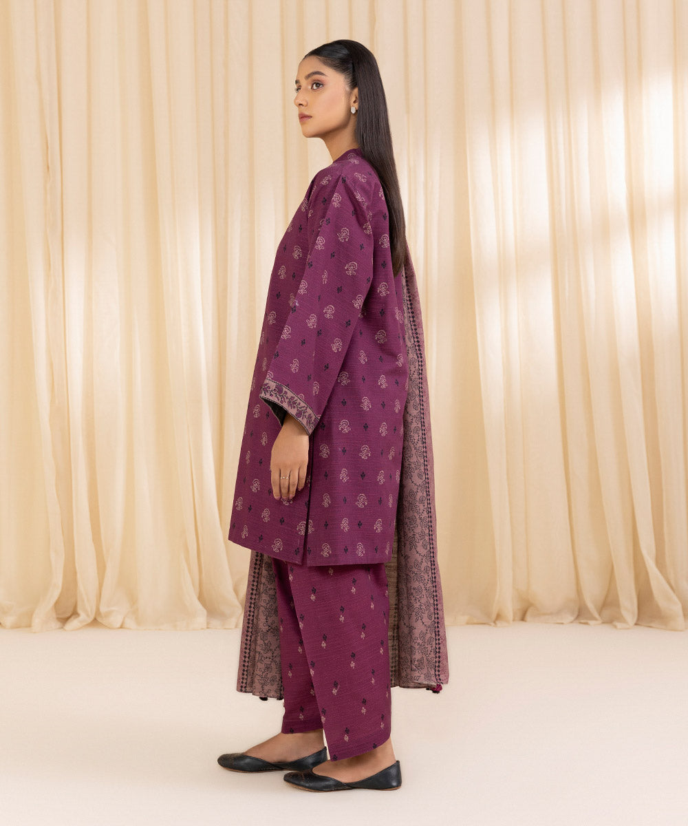 Women's Unstitched Printed Plum Khaddar Three Piece Suit