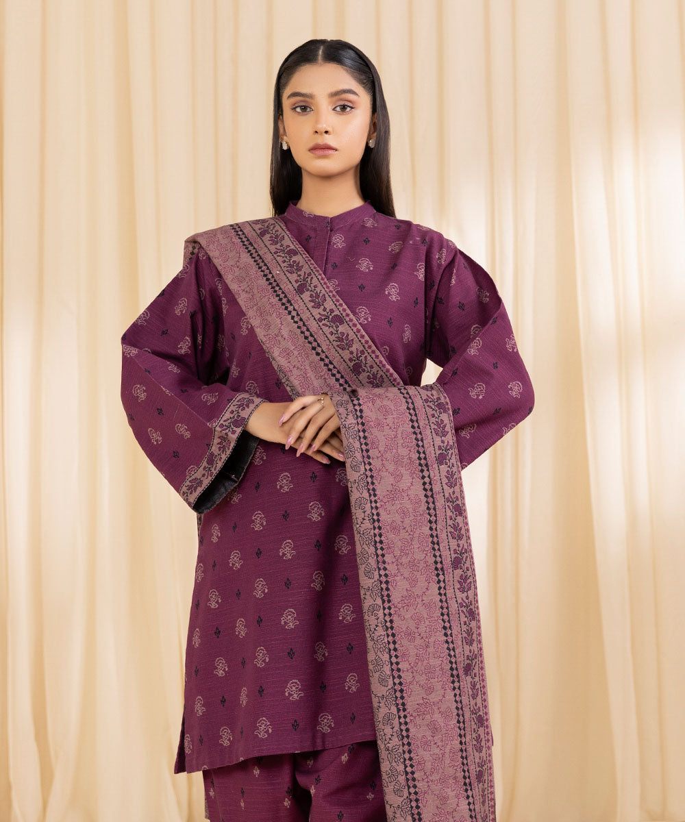 Women's Unstitched Printed Plum Khaddar Three Piece Suit