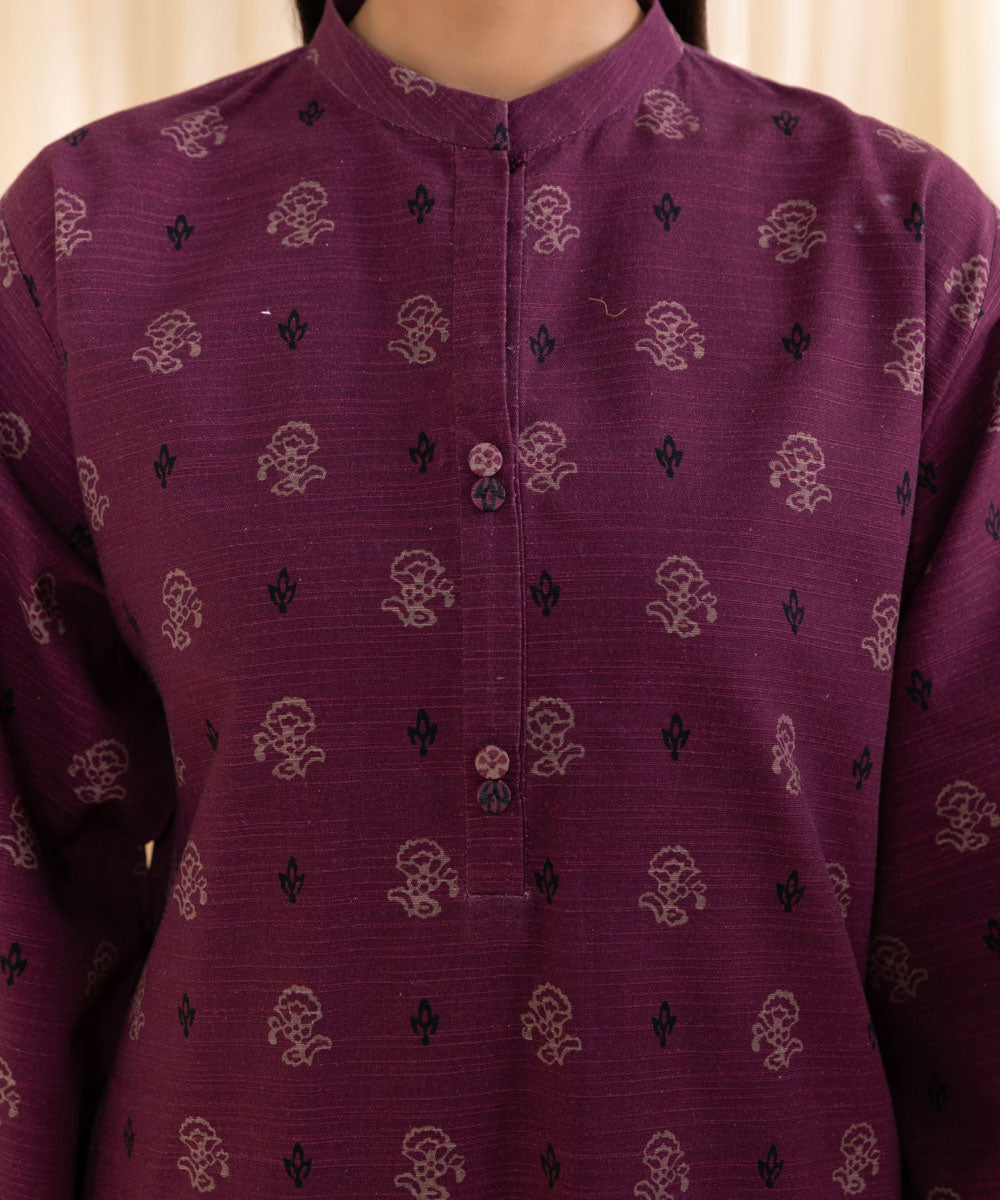 Women's Unstitched Printed Plum Khaddar Three Piece Suit