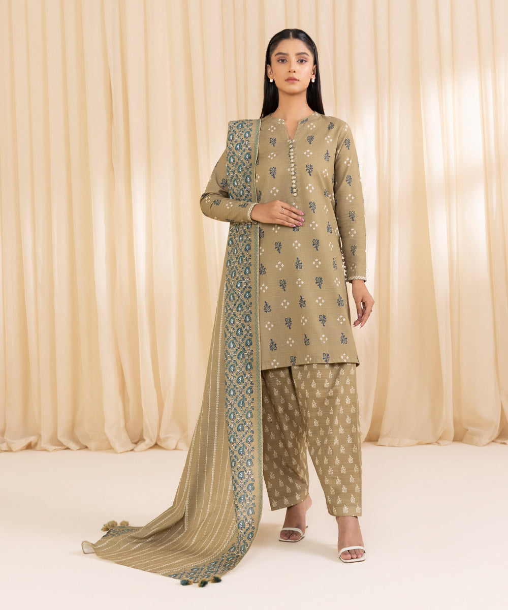 Women's Unstitched Printed Light Olive Khaddar Three Piece Suit