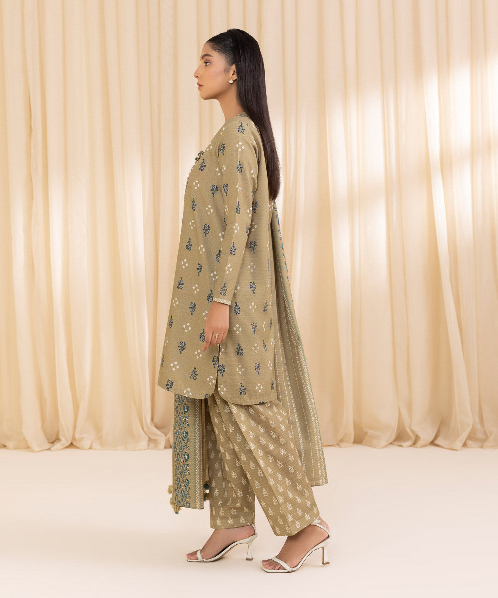 Women's Unstitched Printed Light Olive Khaddar Three Piece Suit