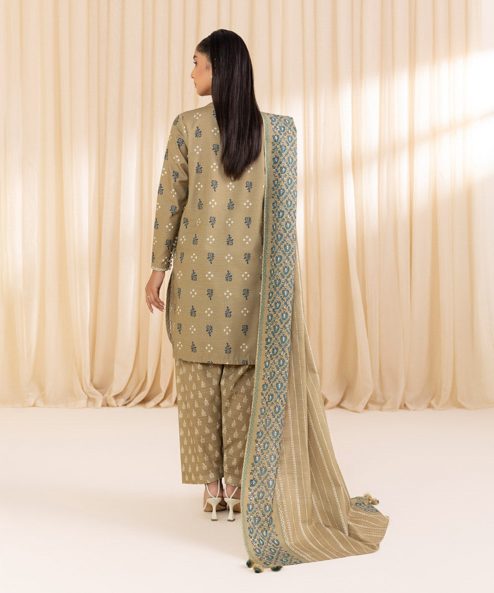 Women's Unstitched Printed Light Olive Khaddar Three Piece Suit