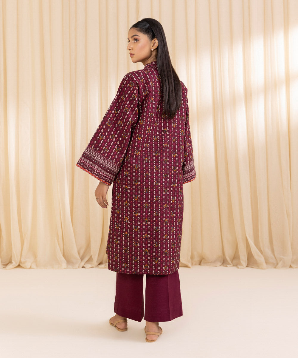 Women's Unstitched Printed Deep Claret Khaddar Shirt and Dupatta