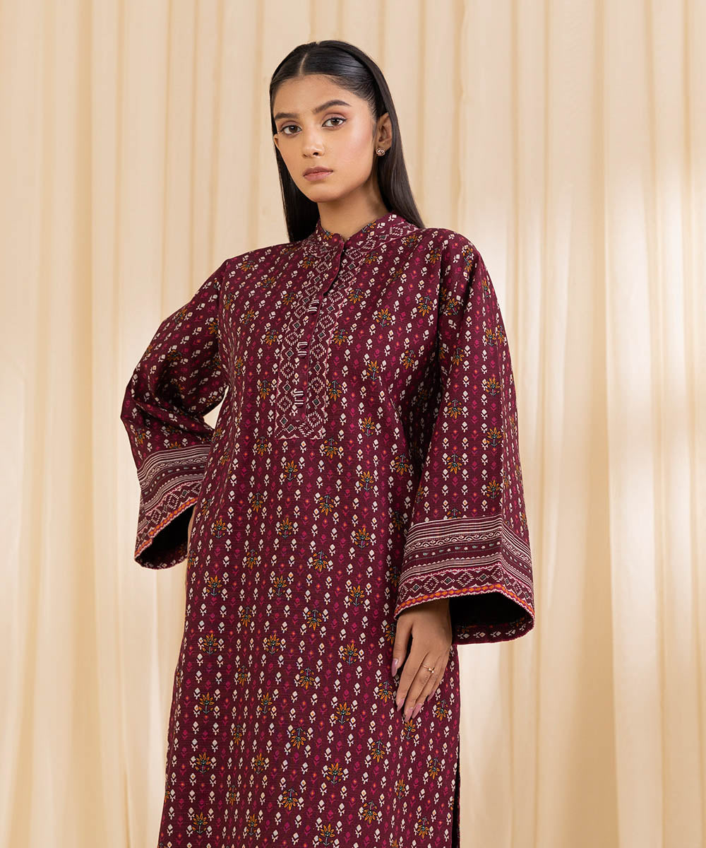 Women's Unstitched Printed Deep Claret Khaddar Shirt and Dupatta