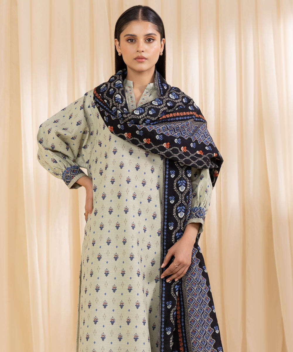 Women's Unstitched Printed Classic Gray Khaddar Three Piece Suit