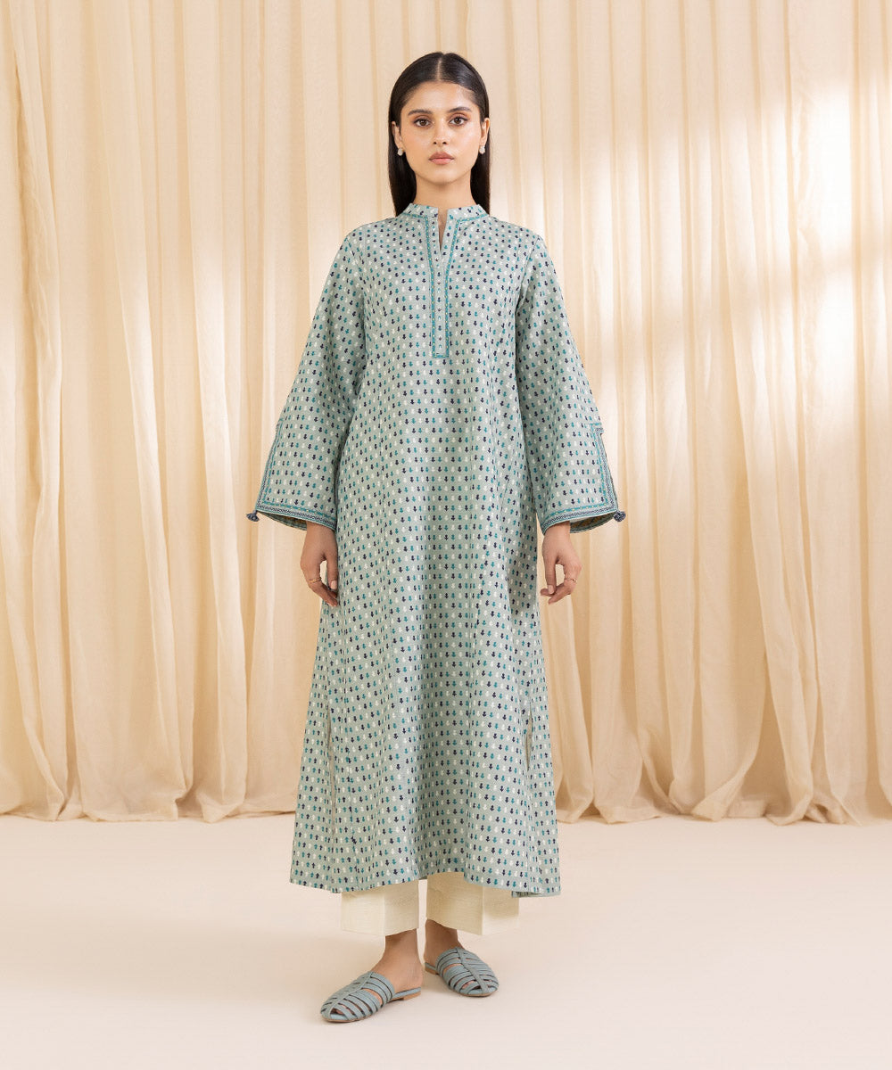 Women's Unstitched Printed Tidewater Blue Khaddar Shirt and Dupatta