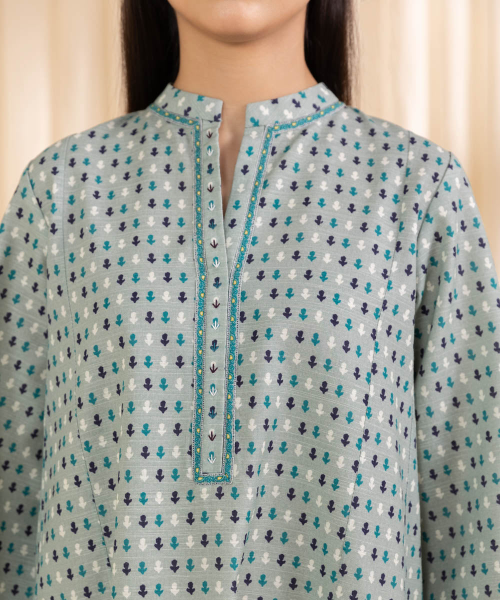 Women's Unstitched Printed Tidewater Blue Khaddar Shirt and Dupatta