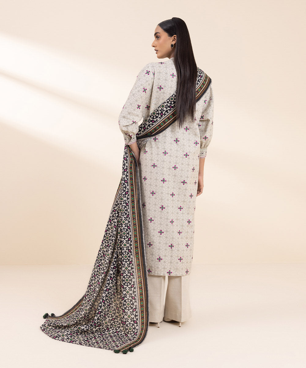 Women's Unstitched Embroidered Beige Khaddar Shirt Dupatta