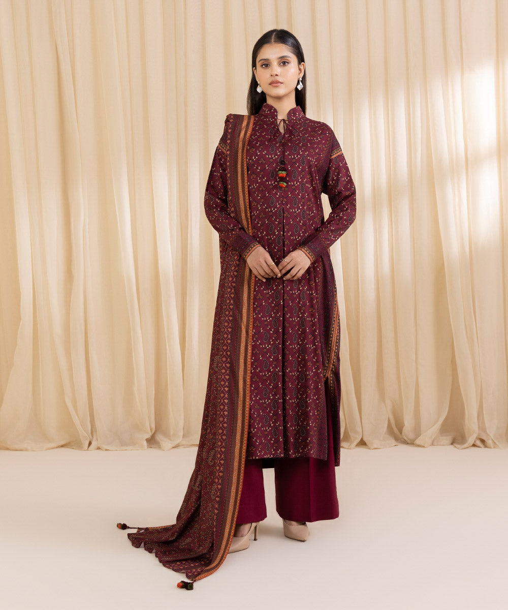 Women's Unstitched Printed Maroon Linen Shirt and Dupatta