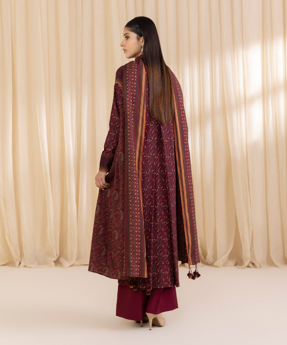 Women's Unstitched Printed Maroon Linen Shirt and Dupatta